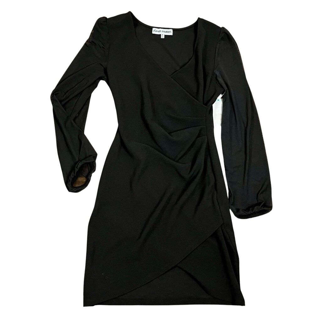 Almost Famous Jnrs Sz M Black Stretch Faux Wrap Dress Bodycon Sheer Puff Sleeve